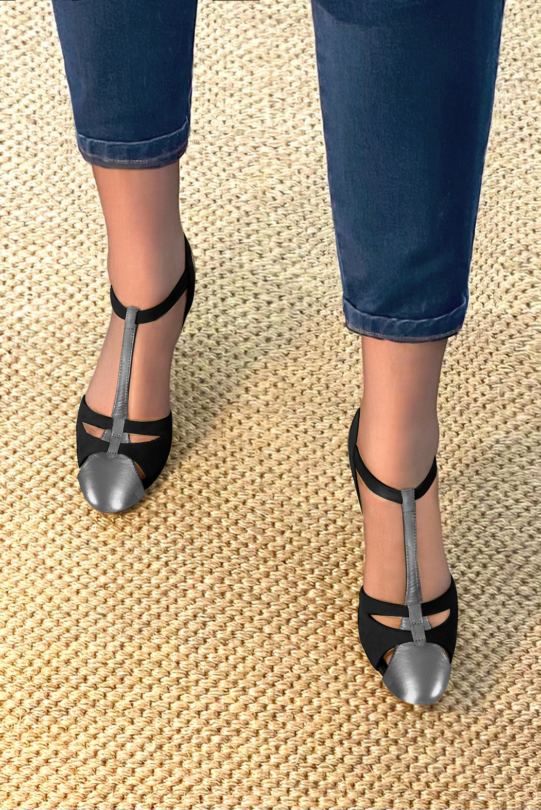 Dark silver and matt black women's open back T-strap shoes. Round toe. Medium spool heels. Worn view - Florence KOOIJMAN